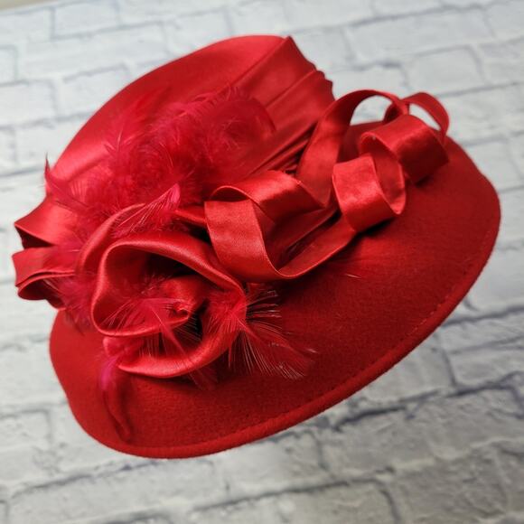 Red Wool Ladies Hat with Ribbon Trim & Feathers - Picture 2 of 16